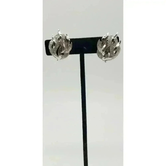 Vintage Crown Trifari Brooch Earrings Set MCM Fire & Ice Flames Silver RARE - Picture 5 of 12
